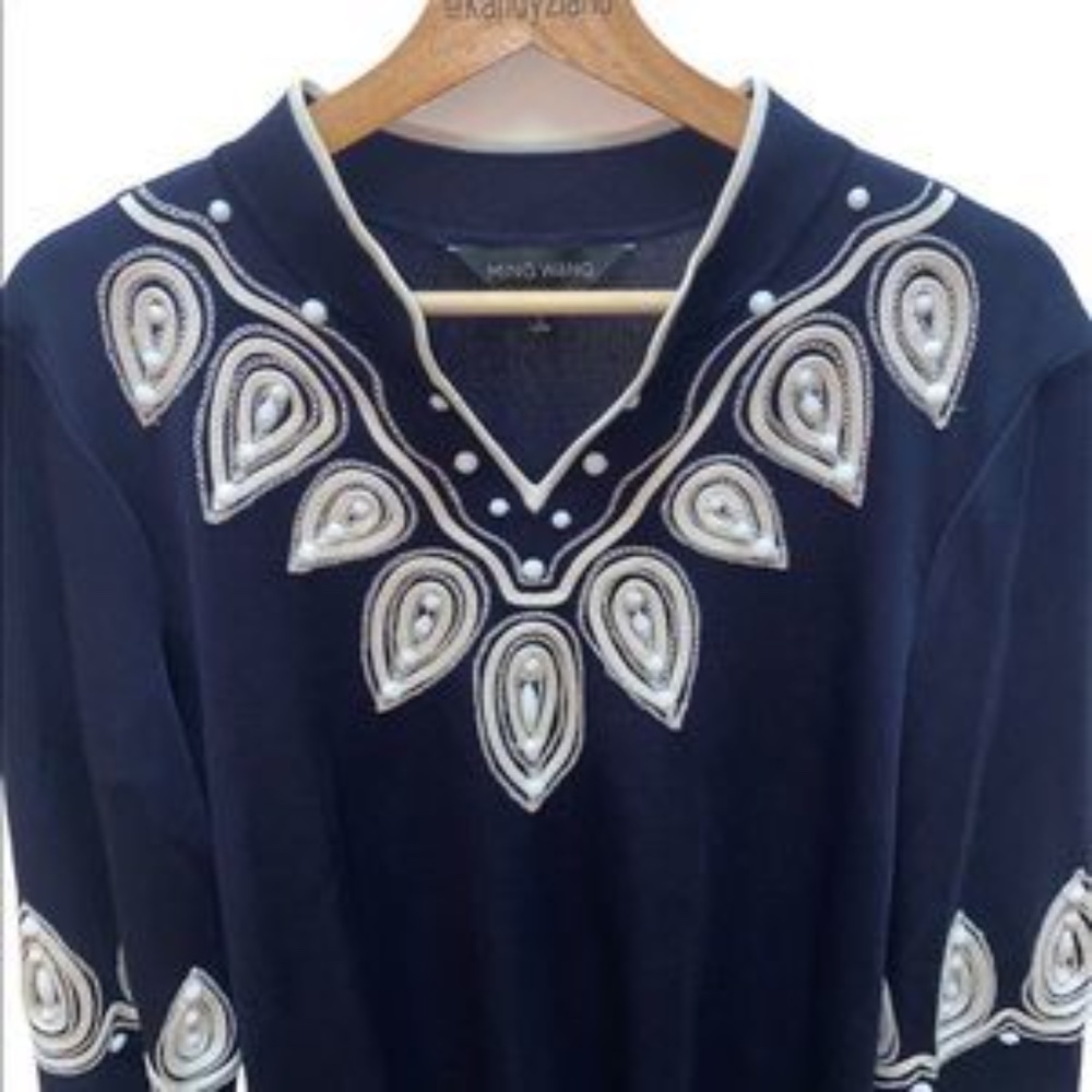 MING WANG Beaded Embellished V Neck Tunic Women’s Top Navy Blue - Picture 2 of 6